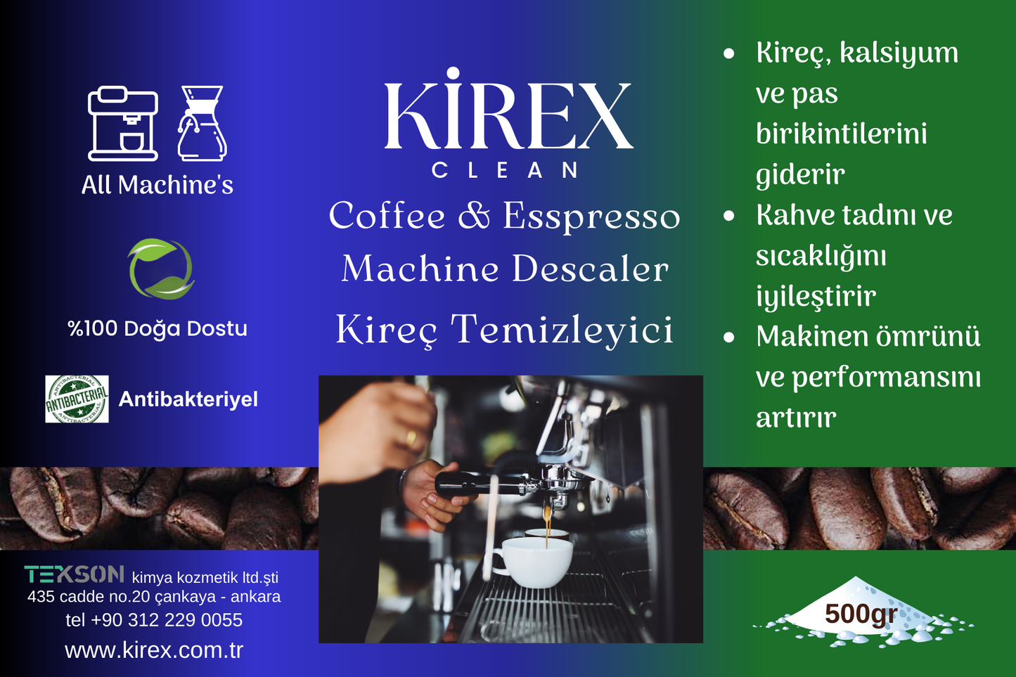 KİREXclean Kahve&Espresso Makinaları Kireç Temizleme Tozu 500gr